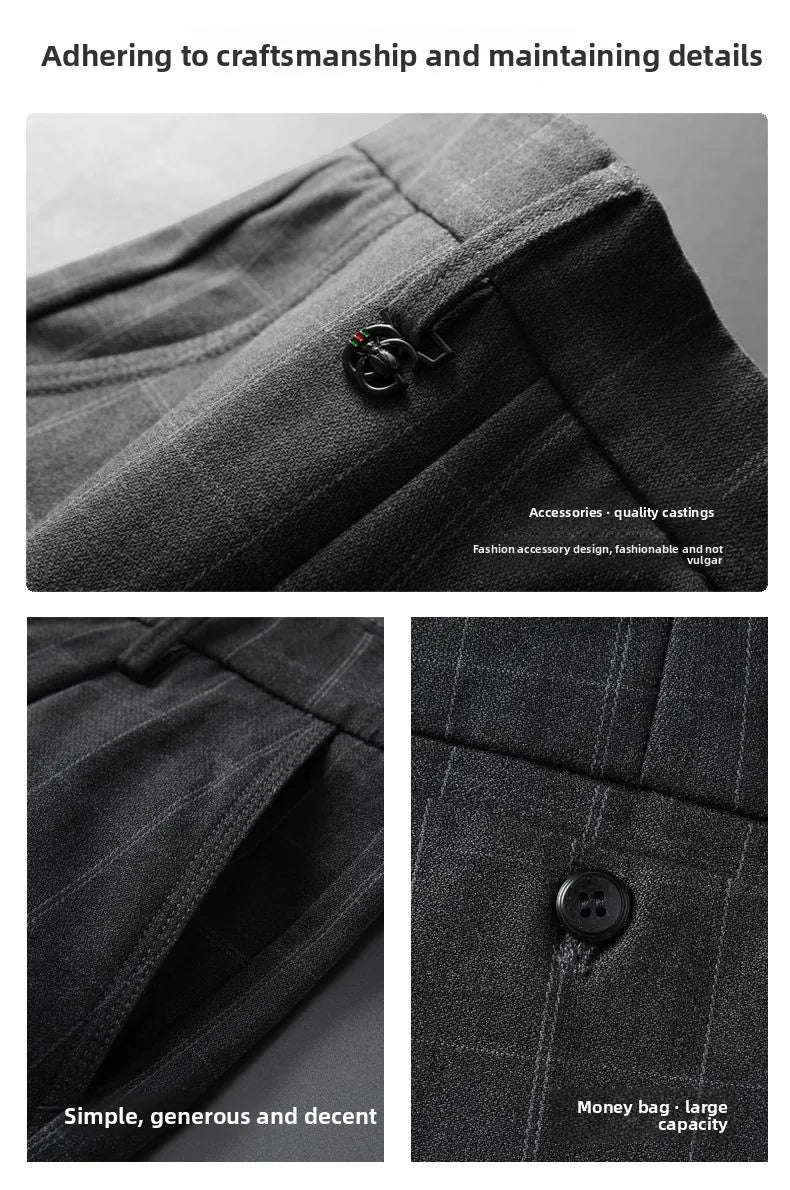 Autumn Winter Men's Business Casual Plaid Pants Korean Fashion Stretch Slim Fit Suit Pants Male Office Formal Versatile Trouser