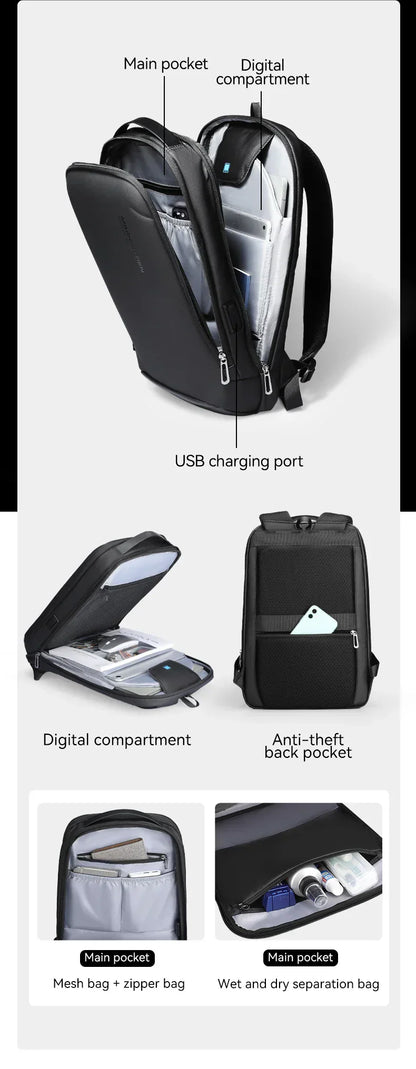 Slim Laptop Backpack for Men Business Minimalist Backpack YKK Zipper Scratch Resistant With USB