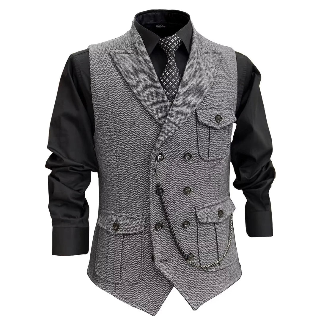 Men Vest GrayHerringbone Double Button With Pocket Waistcoat For Wedding Party Banquet Business Casual Daily Work Men Suit Vest