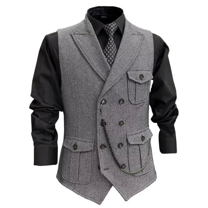 Men Vest GrayHerringbone Double Button With Pocket Waistcoat For Wedding Party Banquet Business Casual Daily Work Men Suit Vest