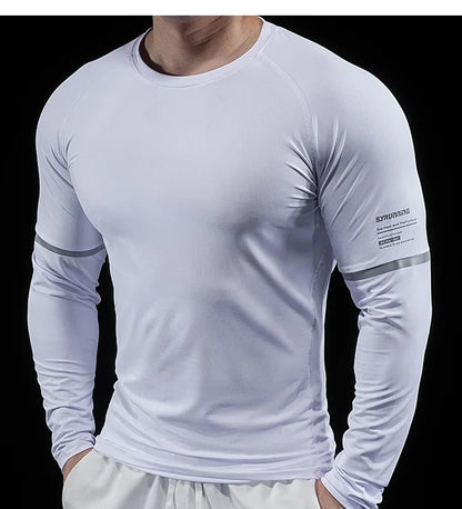Autumn New Men's Sports Gym Fitness Clothes Reflective Strips Round Neck Training Long-sleeved T-shirt Running Slim Breathable