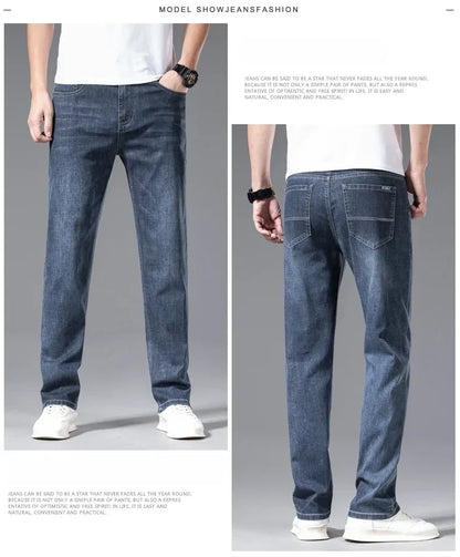 2024 Men's New Autumn Straight Casual Jeans Light Blue Classic Breathable Comfortable No Ironing Stretch Denim Trousers Male