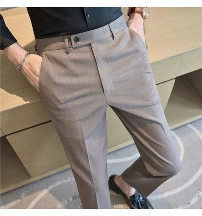 British Style Pinstripe Slim Fit Suit Pant Men Business Casual Simple Dress Pants High Quality Social Wedding Party Trousers