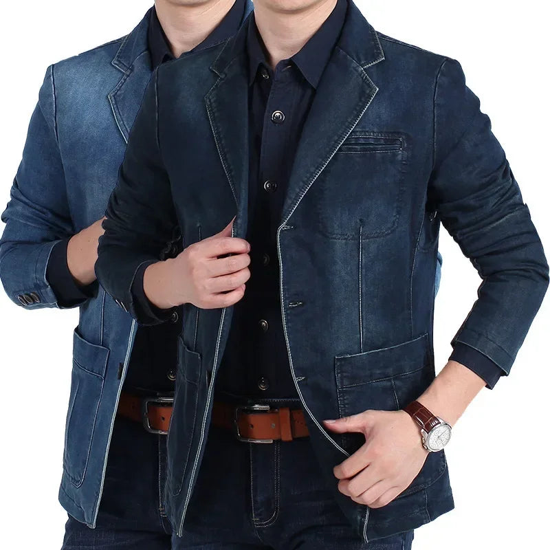 Blazer Men's Fashion Gentleman Business Retro Versatile Trendy Wedding Professional Casual Solid-color Host Cotton Denim Blazer
