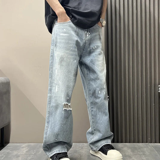 Korean Men'S Splashed Ink Jeans Casual Loose High Street Summer Ripped Denim Pants Retro Graffiti Straight Leg Pants