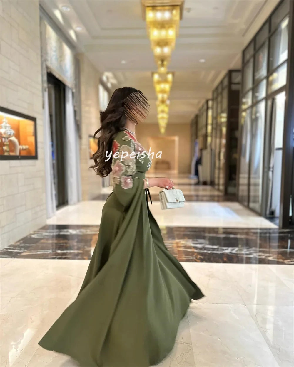 Customized Intricate Matching Jersey Flower Beading Sash A-line Square Neck Long Dresses Bespoke Occasion Dresses Exquisite Sexy