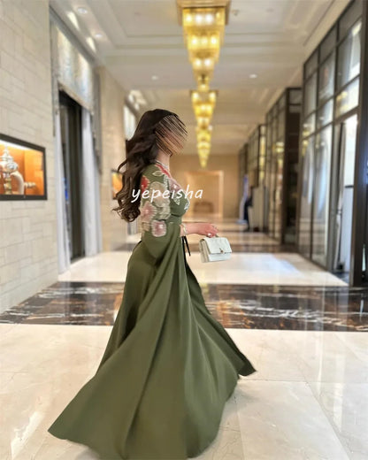 Customized Intricate Matching Jersey Flower Beading Sash A-line Square Neck Long Dresses Bespoke Occasion Dresses Exquisite Sexy