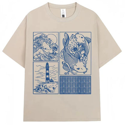 Japanese Style Hokkaido Wave Vintage T-shirt Men Women Harajuku Fashion High Quality T Shirts Oversized Cotton Summer Tee Shirt