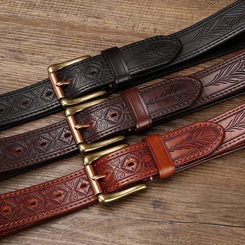 3.8CM Pure Cowhide Genuine Leather Retro Fashion Personality Embossed Belts for Men Luxury Brand Design Male Copper Buckle Belts