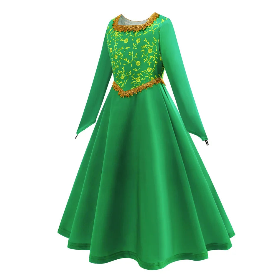 Fiona Dress Halloween Shrek Cosplay Fantasy Dress Up Green Princess Costume Children Elegant Gown Kids Long Sleeve Print Frocks