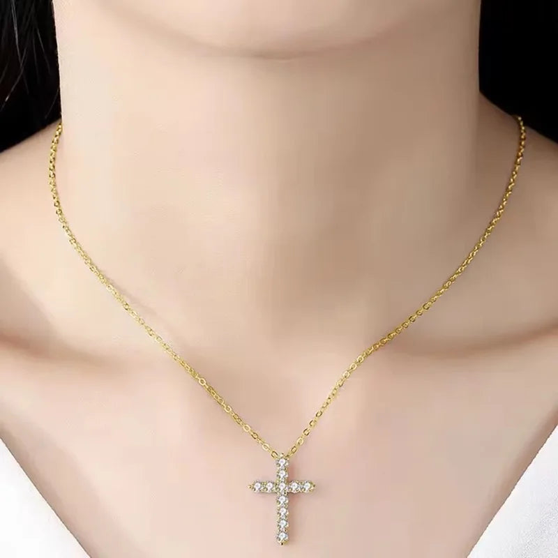 Certified 3.5MM Moissanite Necklace 14K Gold Filled Cross Pendant Necklace for Women Europe and America Vintage Jewelry