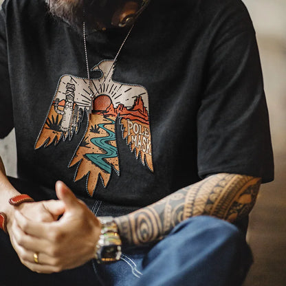 Vintage Style Thunderbird Print T-Shirt Men's Summer Heavyweight Embroidered Short Sleeve Tee Navajo Crew Neck Street Tops