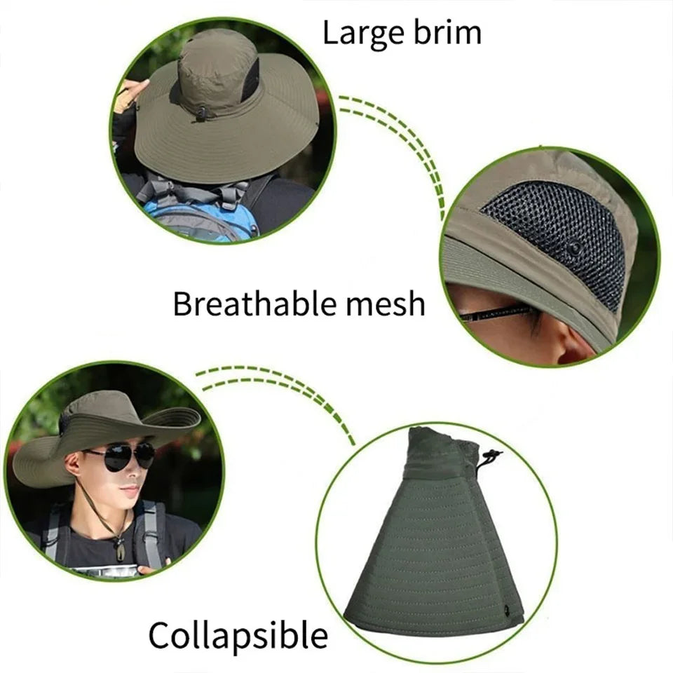 Summer 15CM Large  Sun Hat Men Women Breathable Fishing Caps Sun UV Protection Mesh Fisherman Hat Hiking Outdoor Beach Cap