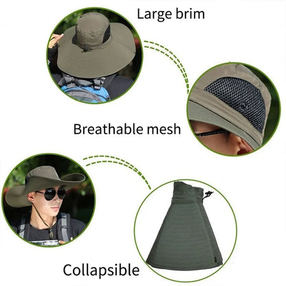 Summer 15CM Large  Sun Hat Men Women Breathable Fishing Caps Sun UV Protection Mesh Fisherman Hat Hiking Outdoor Beach Cap
