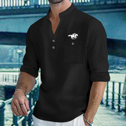 Men Mandarin Collar Long Sleeve Henley Cotton Linen Shirt With Chest Pocket Breathable Lightweight Beach Travel Daily Casual Top