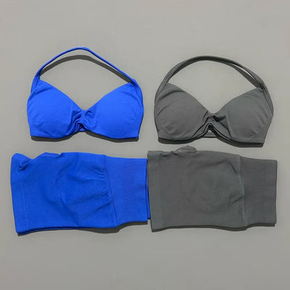 No Logo 2 Piece Impacts Gym Set Women Seamless Yoga Strappy Bra Workout Scrunch Sports Low Waist Shorts Sport Set