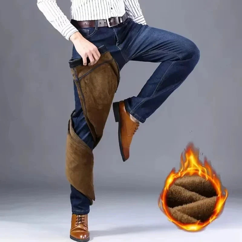 Men's Reflective Fleece-Lined Jeans - Thick Warm Lining, Durable Denim & Reflective Trim, Safe for Winter Night Commute & Casual