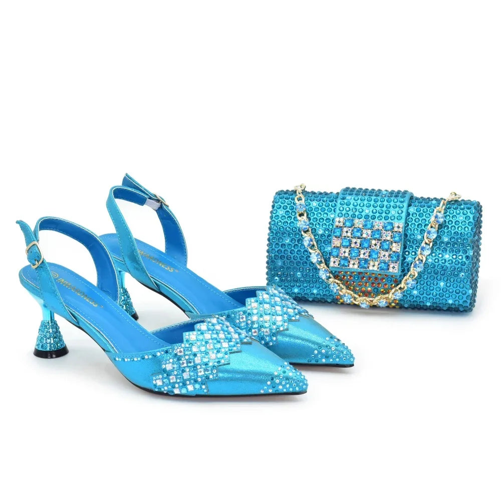 New Arrival Pointed Toe Heels for Women 2026 Elegant Party Diamond Pumps Italian Shoes and Bags Matching Set with Rhinestone