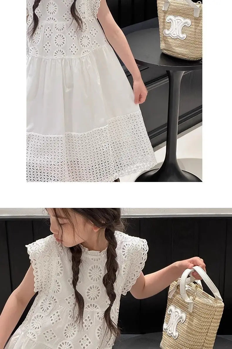Cotton Medium To Large Children's Clothing Lace White Dress Girls' Princess Little Fresh Vest Dress 2025 Summer New Style