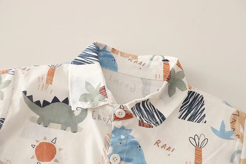 0-5 Years Old Baby Boys Summer Dinosaur Outfit, Short Sleeve Printed Shirt & Solid Cargo Shorts, 2Pcs Clothes Set