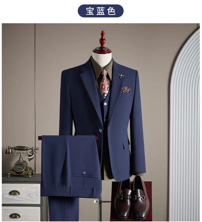 High-quality, Fashionable and Stylish Plus-size Men's Solid-color Suit Set, Men's Three-piece Set, One-button Casual Suit