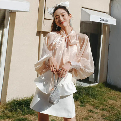 Spring Autumn Women Fashion Tops New Shirts Lantern Sleeve Stand Collar Solid Casual Vintage Elegant Temperament Long-Sleeved