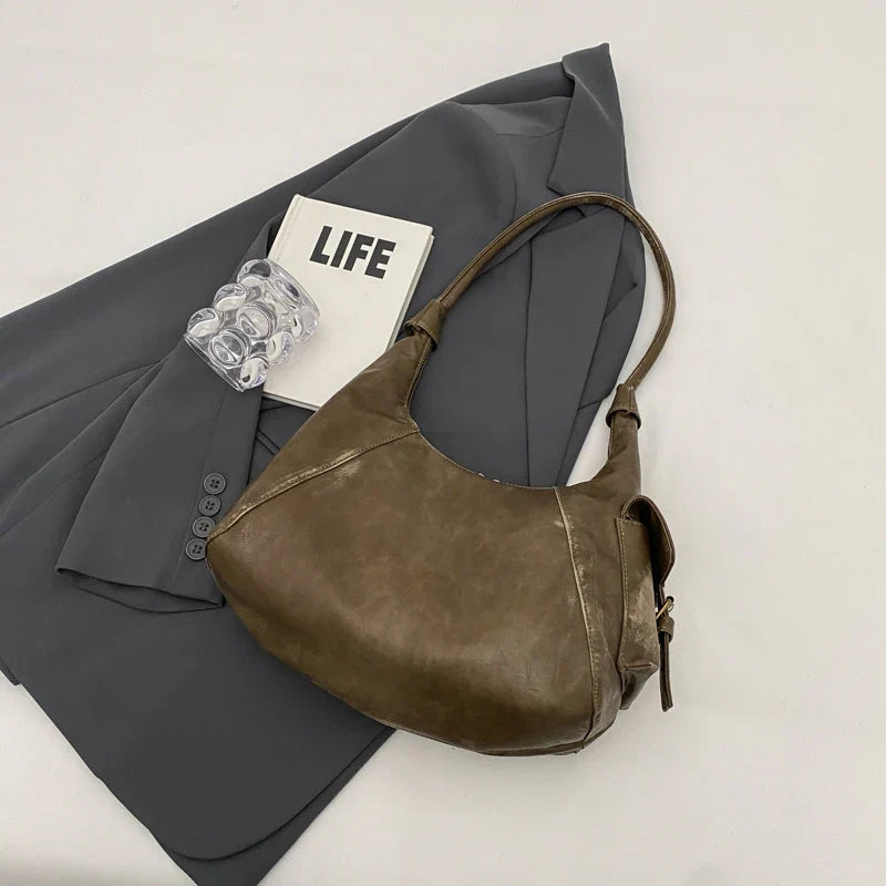 Retro Leather Shoulder Bags for Women 2025 Spring Vintage Underarm Bag Handbags and Purses Latest Fashion Hand Bag