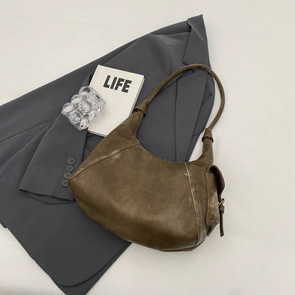 Retro Leather Shoulder Bags for Women 2025 Spring Vintage Underarm Bag Handbags and Purses Latest Fashion Hand Bag