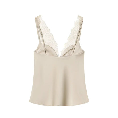 Elegant Women Lace Splice Sexy Satin Sling Tops 2026 Spring Summer Fashion Female V-Neck Backless Slimming Underwear Vest