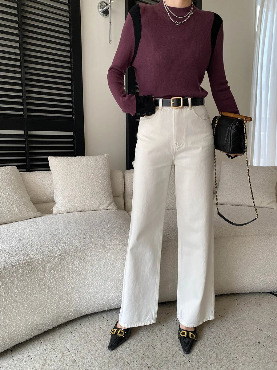 Spring women's fashionable and simple commuting temperament, high waist wide leg straight leg slimming jeans