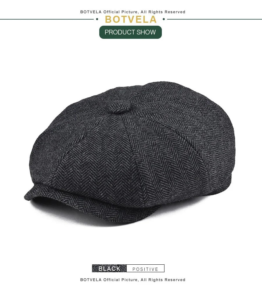 Wool Tweed Newsboy Cap Herringbone Men British Gatsby Retro Hat Driver Flat Cap for Male Vintage Herringbone Beret