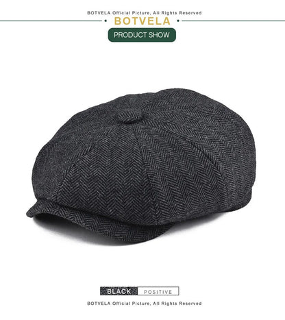 Wool Tweed Newsboy Cap Herringbone Men British Gatsby Retro Hat Driver Flat Cap for Male Vintage Herringbone Beret