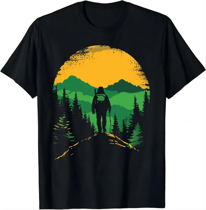 Retro-style Hiker T-shirt with Mountainous Print T Shirts Graphic T Shirts Mens Clothes Tops Camisas Streetwear Ropa Hombre