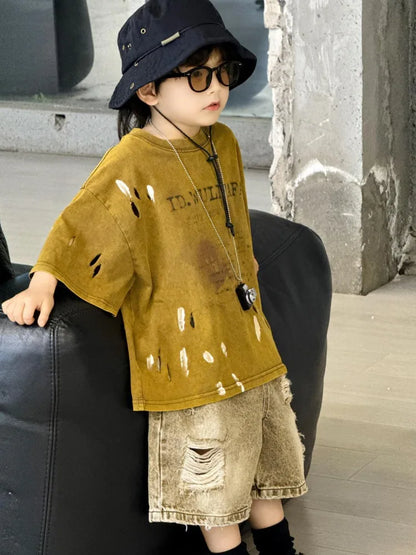 2026 Summer New Boys' Distressed Tie Dye Short Sleeved T-Shirt Junior Sizes Stylish Trendy Kids' Apparel