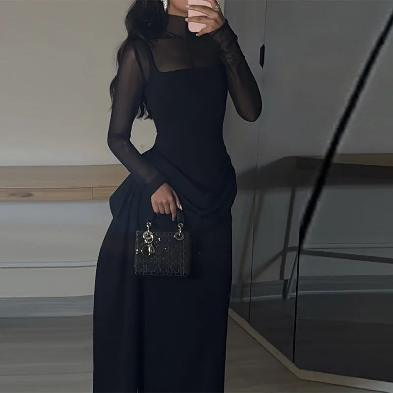 Stylish Lady Mesh See Long Sleeve Splicing Dress Elegant Evening Gown Women's 2026 New Luxury Boutique Club Party Dresses