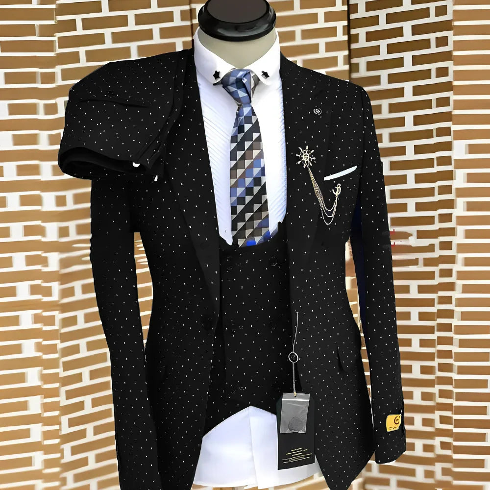Polka dot Men's Suit 3 piece Fashionable Business Work Clothes Groom Wedding Tuxedo Jacket Pants Vest Custom Outfit