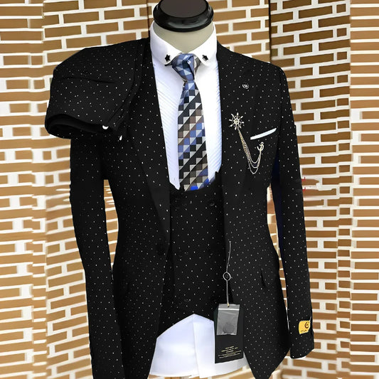 Polka dot Men's Suit 3 piece Fashionable Business Work Clothes Groom Wedding Tuxedo Jacket Pants Vest Custom Outfit