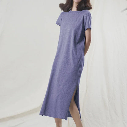 Original Casual 94% Cotton Summer Women's Dresses Solid Short Sleeve Spilt Long Midi Dress Fashion Sundress Female Clothing