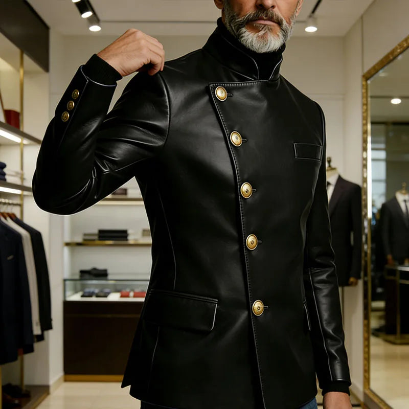 Vintage Men's PU Leather Blazer Slim Fit Double Breasted Stand Collar Jacket Gold Button Business Casual Wedding Prom Suit Coat
