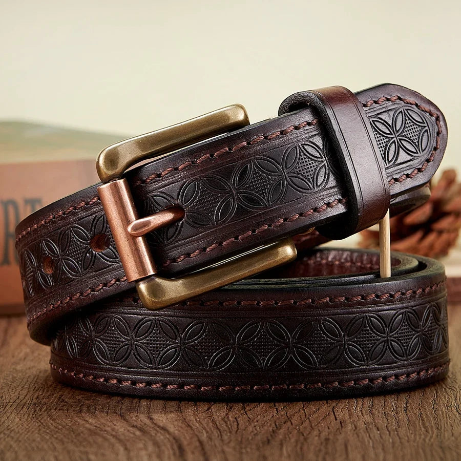 High Quality Embossed Western Cowboy Brass Buckle Belt Real Thick Genuine Leather Designer Men Belt Punk Jeans Belts For Men
