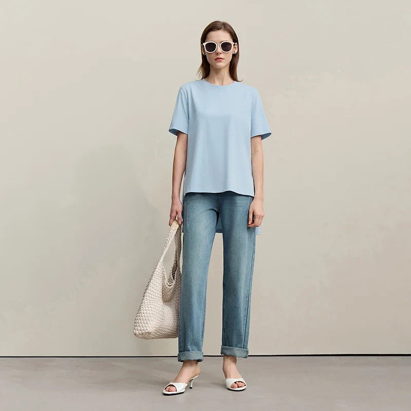 T-shirt Women 2026 Summer New O-Neck Side Slit Cotton Tee Embroidered Letter Lace Accent Women's Short Sleeve Tee 12652029