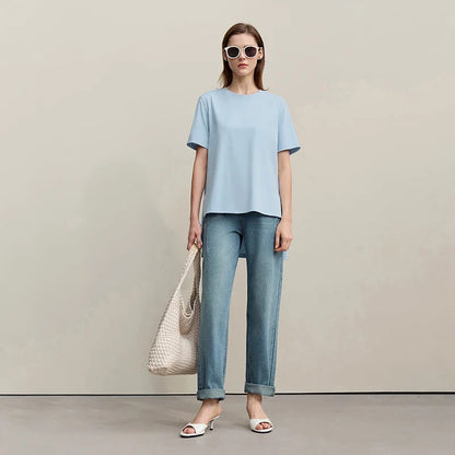 T-shirt Women 2026 Summer New O-Neck Side Slit Cotton Tee Embroidered Letter Lace Accent Women's Short Sleeve Tee 12652029