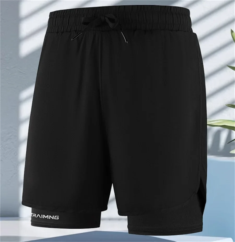 Men Fitness Built-in pocket sports Shorts Summer 2 In 1 Quick Dry Gym Beach shorts Running Double-deck Shorts Outdoor sweatpants