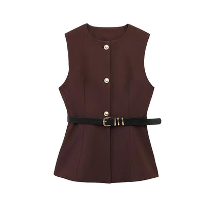 Women's Long Waistcoat with Belt, Front Gold Button, O Neck Sleeveless Vest, Female Outerwear, Chic Tops, Fashion