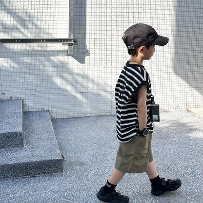 Striped Sleeveless Vest Children Clothing Top and Bottom Clothing Set Fashion 8 14 Years Children's Suit for Boy Clothes Outdoor