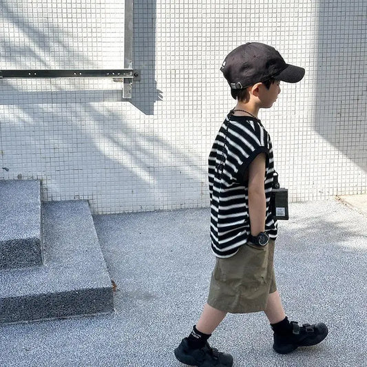 Striped Sleeveless Vest Children Clothing Top and Bottom Clothing Set Fashion 8 14 Years Children's Suit for Boy Clothes Outdoor