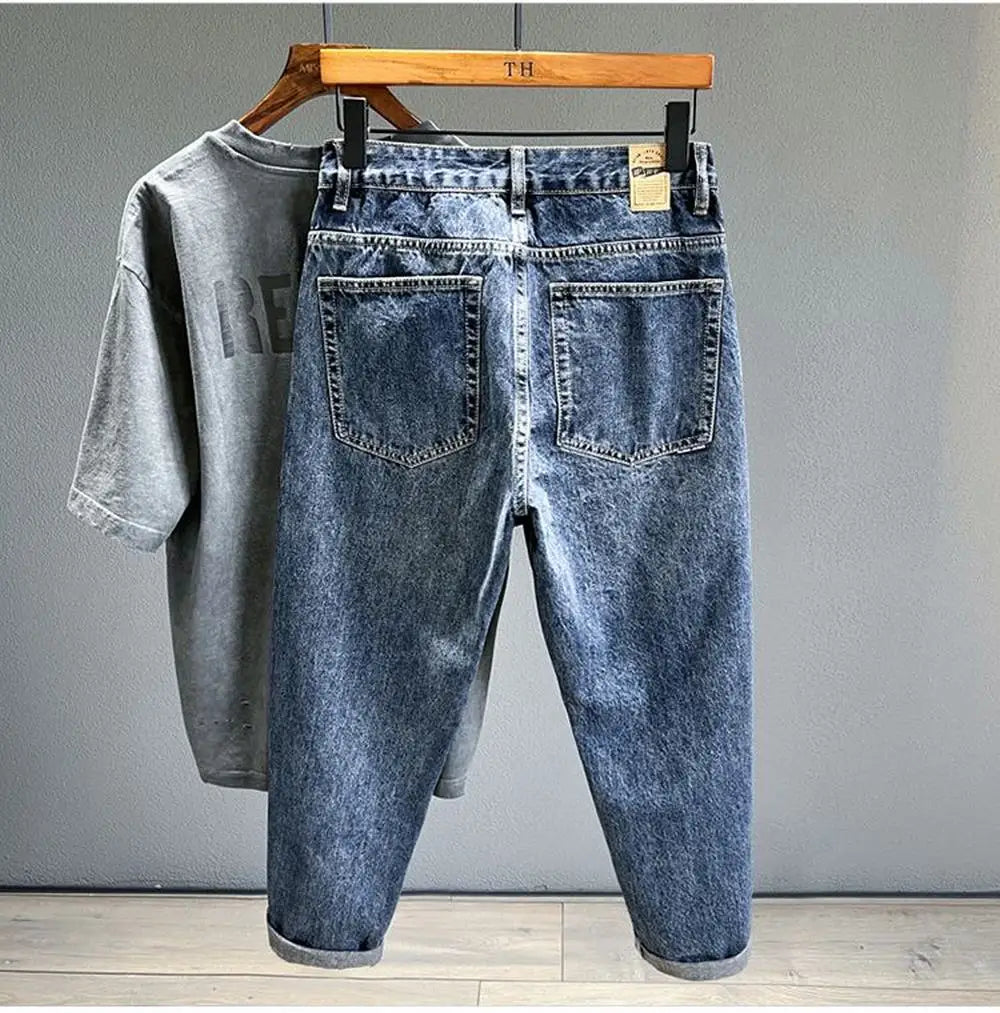 Korean Vintage Loose Tapered Men's Jeans Fashion High Street Drape Harem Pants Youth Hip Hop Streetwear Male Blue Denim Trousers