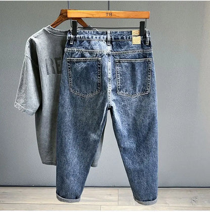 Korean Vintage Loose Tapered Men's Jeans Fashion High Street Drape Harem Pants Youth Hip Hop Streetwear Male Blue Denim Trousers