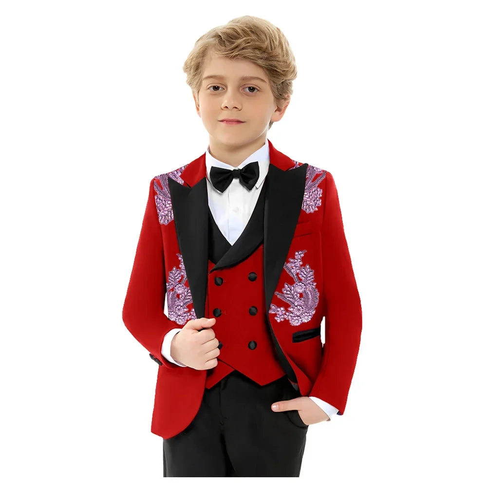 Christmas Boys Slim Fit Suis 4 Pieces Jacket Vest Pants Bow-tie Exquisite Red Beaded Suit Set Birthday Party Outfit 3-14T