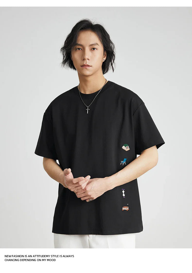 Men's American Retro Short-sleeved T-shirt Men's 2026 Summer New Loose Half-sleeved Embroidered Round Neck Bottoming Shirt